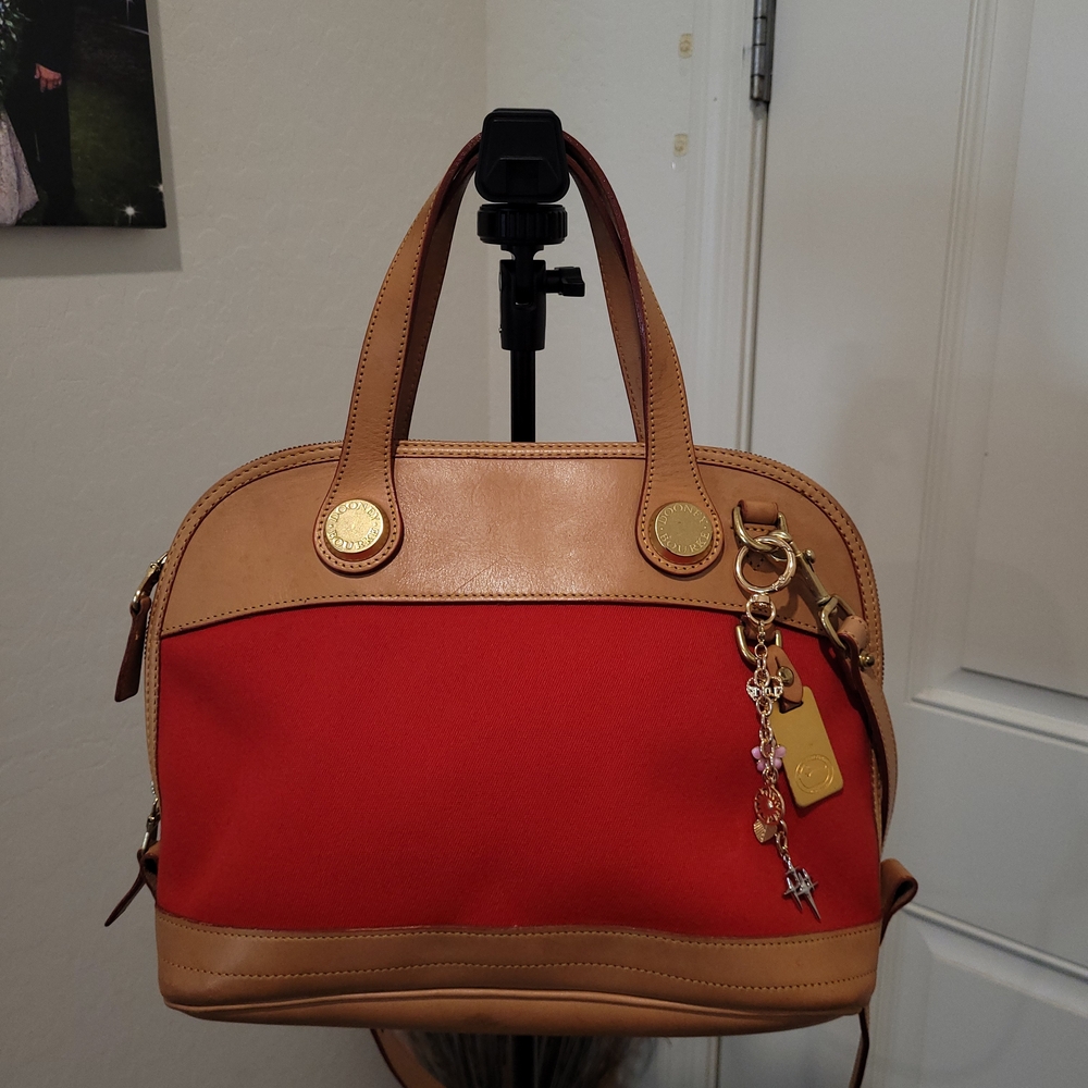 Authentic Dooney & Bourke Red and Tan Satchel with Gold Accents